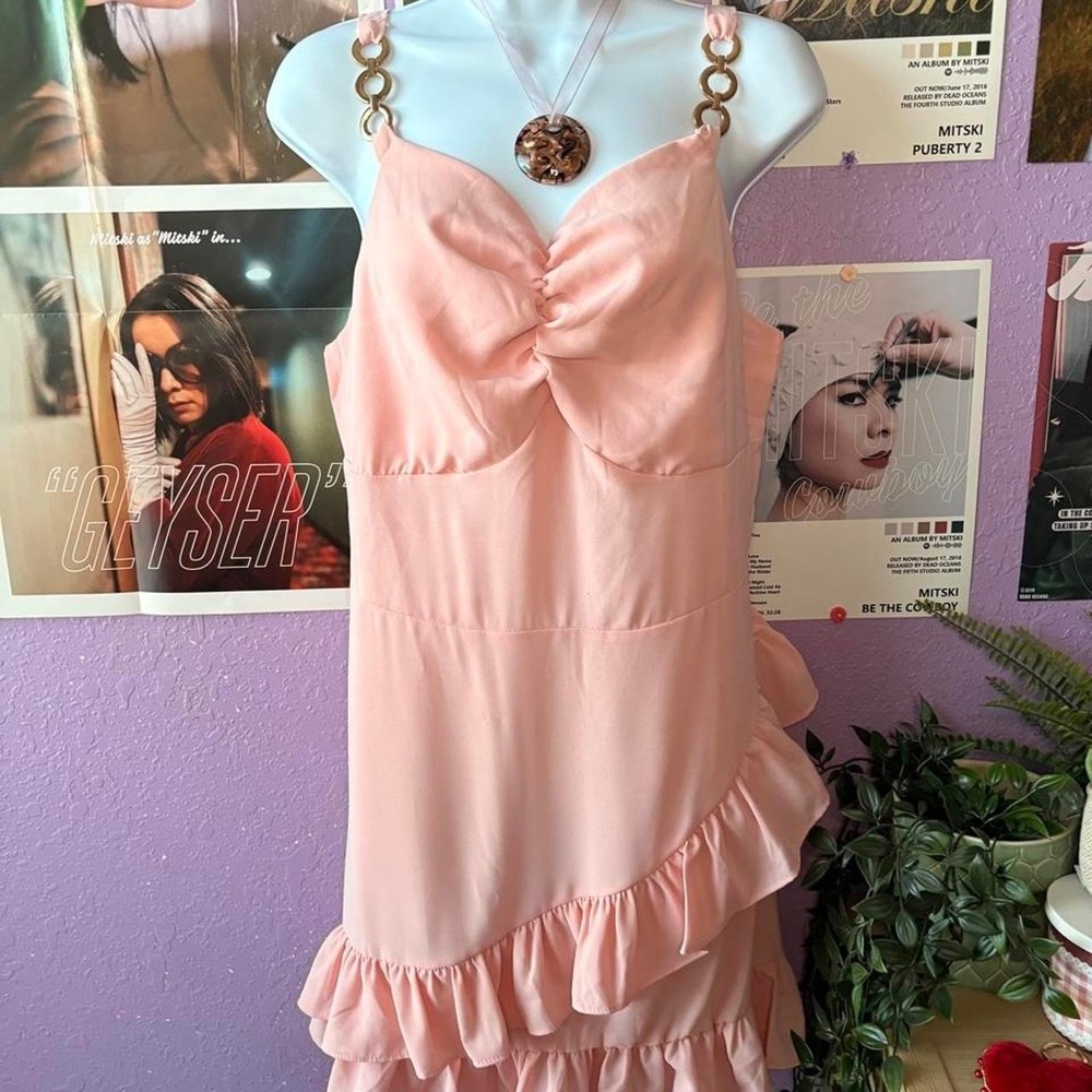 Pink Ruffle Gold Chain Sleeve Mini Dress - Picture 3 of 5